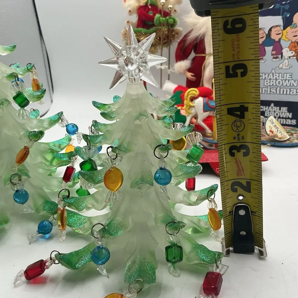 Set of 2 Acrylic Christmas Trees Candy Ornaments Glitter Star Topper 6–7”